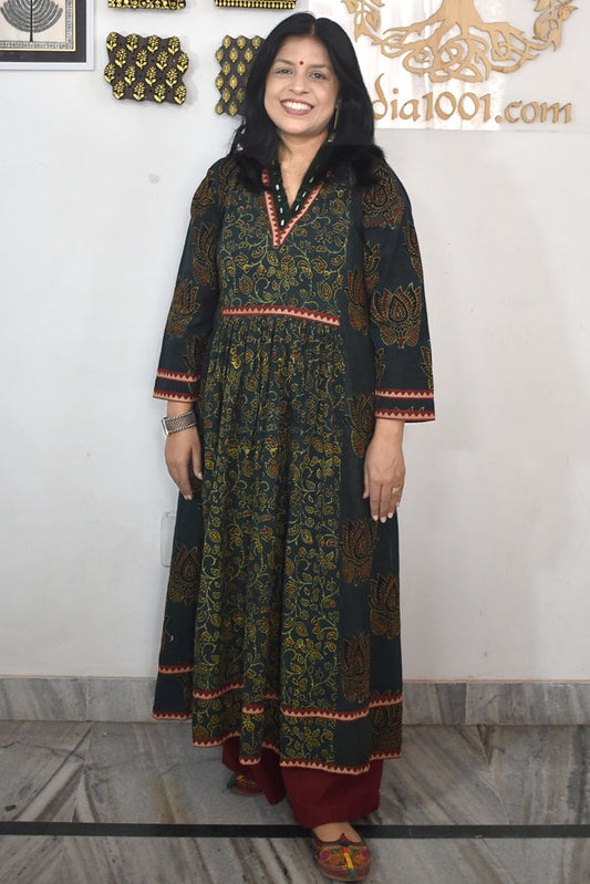 Designer Hand Block Printed Ajrakh cotton Kurta / Dress  With Mirror Work - Size 38 to 48 ( all sizes)