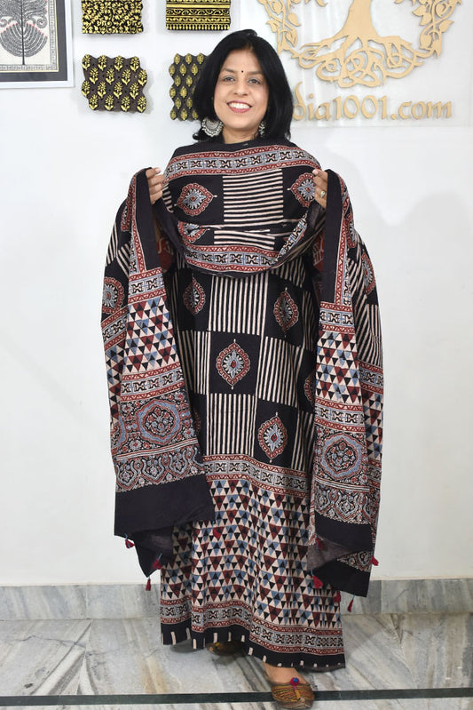 Designer Ajrakh Cotton kurta with  panel design & Mirror work & Cotton dupatta - 3 piece set