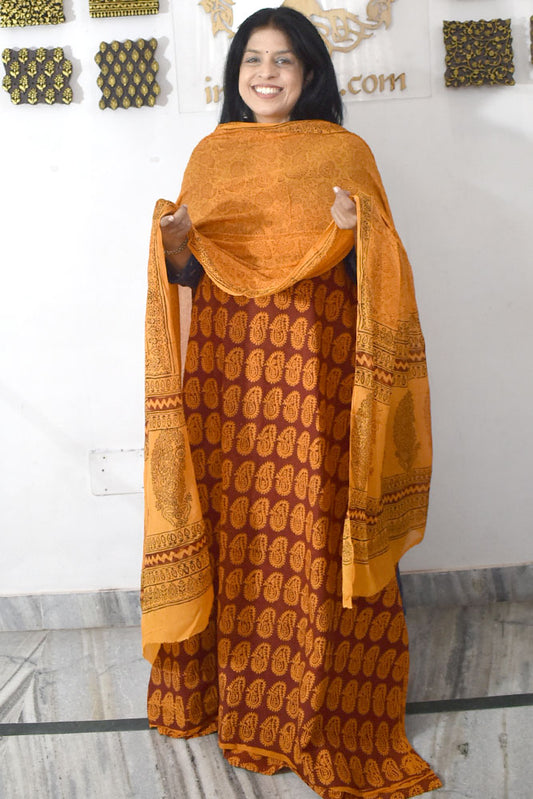 Classic Bagh Block Printed unstitched suit fabric with chiffon dupatta