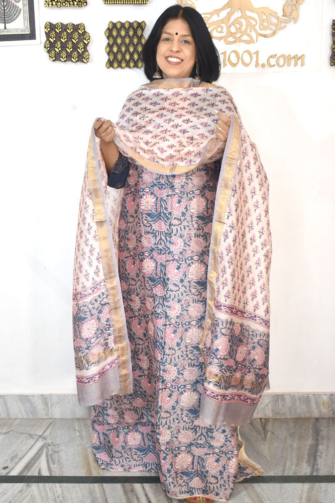 Beautiful Hand Block Printed Maheshwari Silk Cotton Unstitched suit fabric - 3 pc set