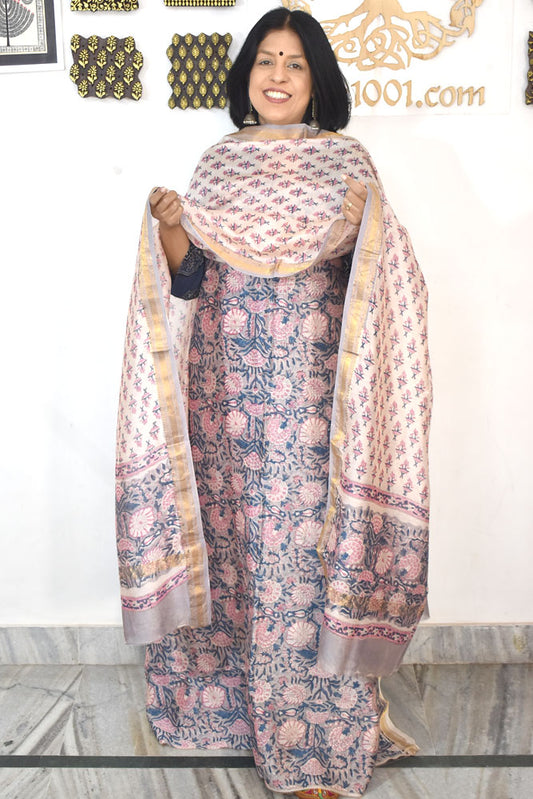 Beautiful Hand Block Printed Maheshwari Silk Cotton Unstitched suit fabric - 3 pc set