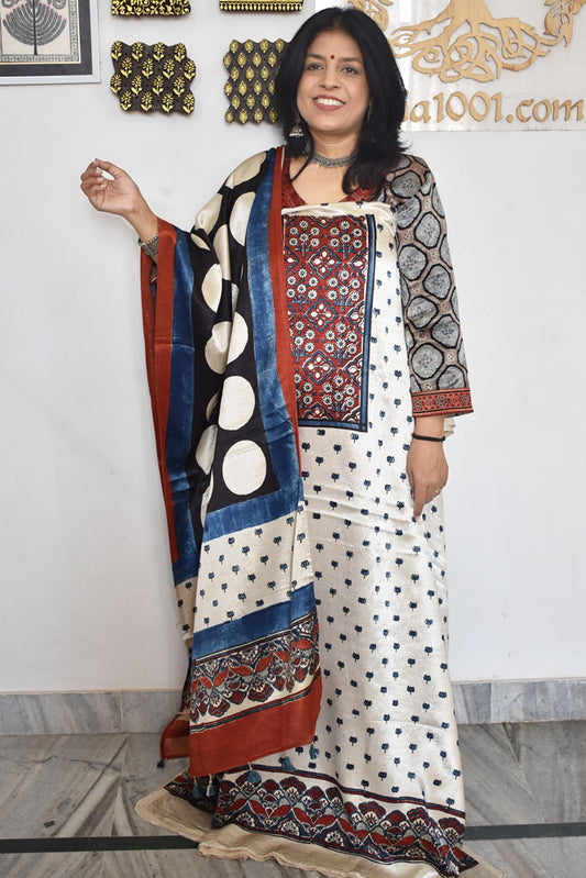 Designer Ajrakh Mashru Silk Unstitched suit with  panel / yoke design- 3 piece set