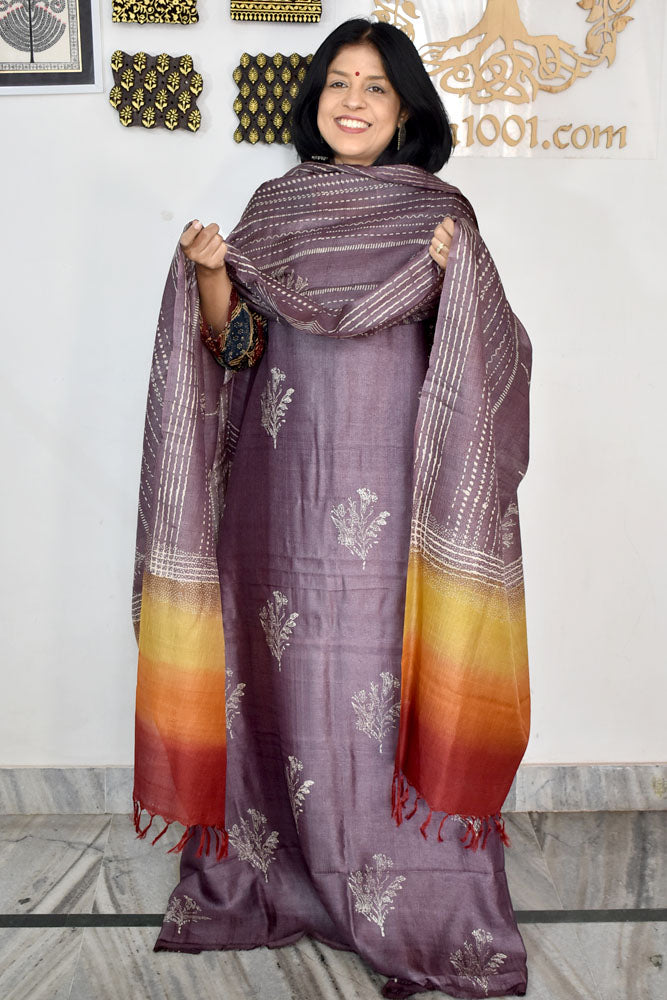 Beautiful Hand Block printed Tussar Silk Kurta Dupatta Set
