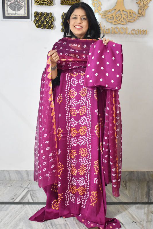 Tie & Dye Kutch Bandhani modal silk Unstitched Suit with Chiffon Dupatta & Modal Silk Bottom