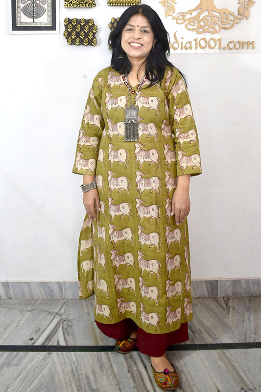 Elegant Hand Block Printed Cotton Set With Mirror Work ( Top & Pant) Size 38 - 48