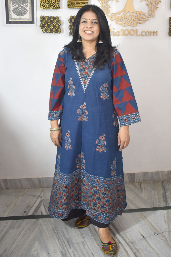 Designer Ajrakh Hand Block Printed cotton Kurta With Mirror Work - Size 38 to 46 ( all sizes)