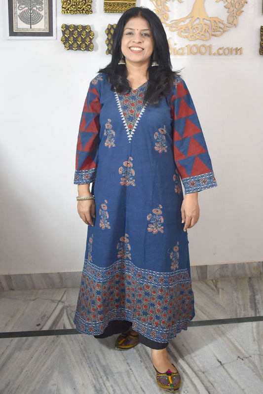 Designer Ajrakh Hand Block Printed cotton Kurta With Mirror Work - Size 38 to 46 ( all sizes)