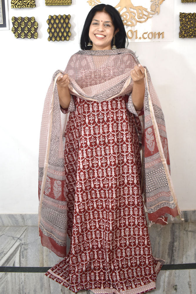 Classic Bagh Block Printed unstitched suit fabric with Kota Doria dupatta