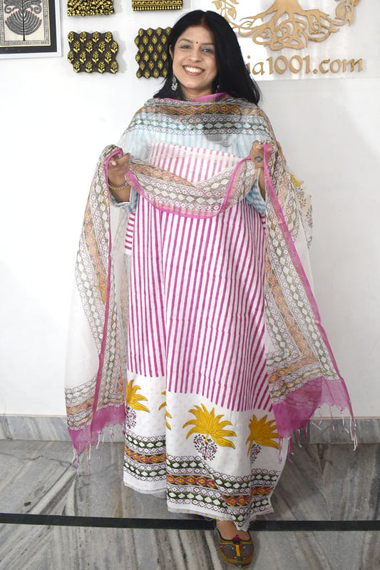 Designer Hand Block Print Cotton suit with Kota dupatta
