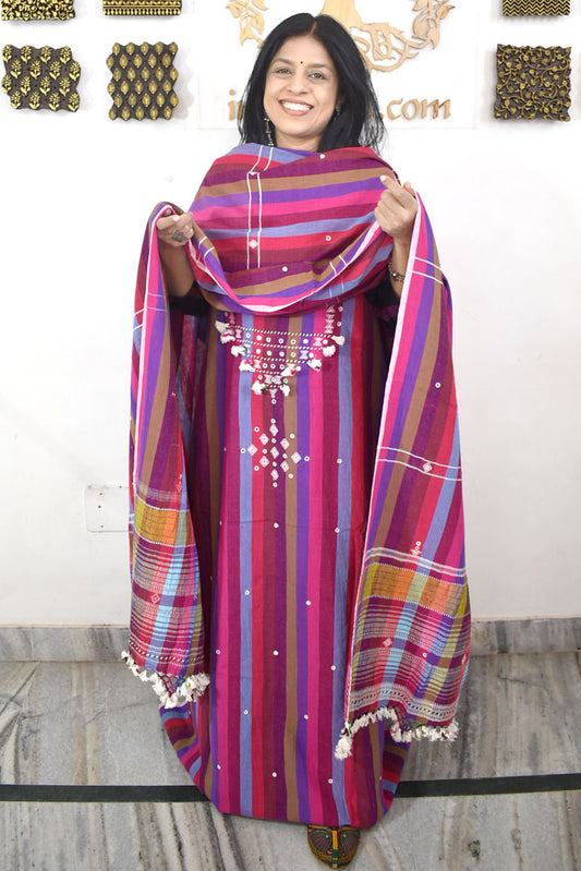 Premium Handwoven Kala Cotton Bhujodi suits with Mirror Work - 3 pc set