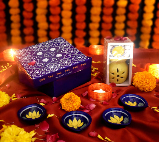 समृद्धि- Pooja/ Gruhpravesh, Housewarming Gift Hamper with Ceramic Aroma Diffuser and Handcrafted Jaipur Blue Pottery Diyas