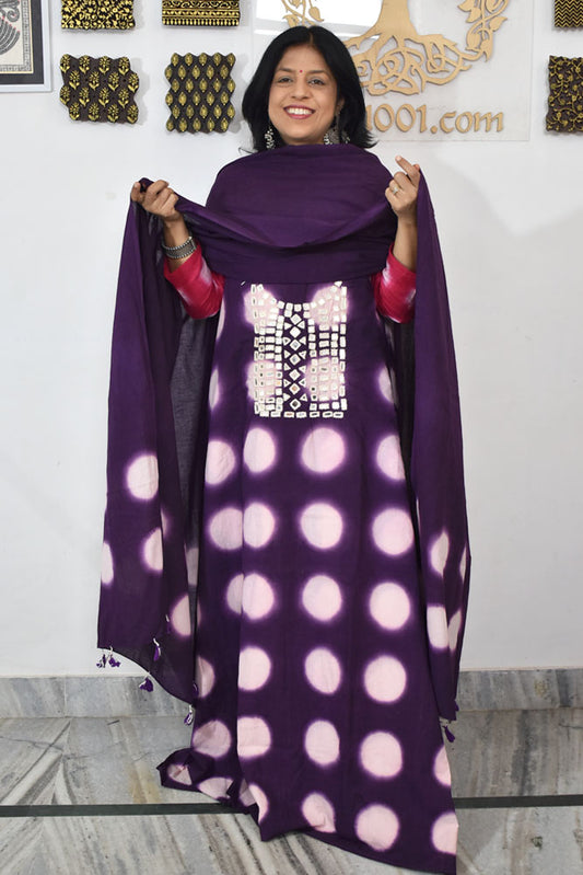 Tie & Dye Clamp Dyed cotton Unstitched Suit with Kutch Mirror work