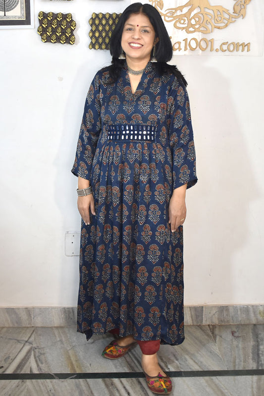 Beautiful Modal Silk Kurta with Ajrakh block print & Kutch mirror work - Size 38 - 48