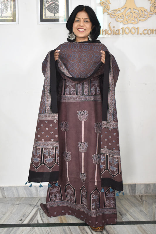 Block Print Ajrakh Cotton Suit with designer Ajrakh neck yoke /panel & Long Stole
