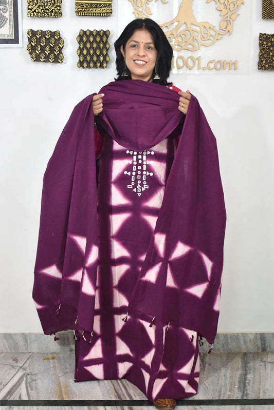 Tie & Dye Clamp Dyed cotton Unstitched Suit with Kutch Mirror work