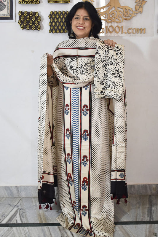 Designer Ajrakh Modal Silk Unstitched suit with  panel design, Ajrakh Dupatta & Bottom- 3 piece set