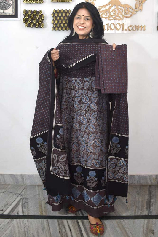 Designer Ajrakh Cotton Unstitched suit with  panel design, Ajrakh Dupatta & Bottom- 3 piece set