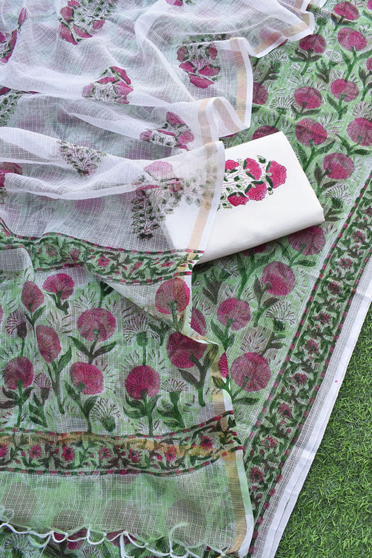 Beautiful Kota Doria cotton suit with Sanganer Block print