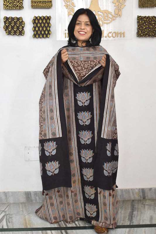 Block Print Ajrakh Cotton Suit with designer Ajrakh neck yoke /panel & Long Stole