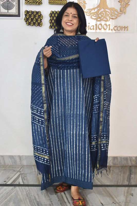 Elegant Hand Block print cotton suit with Schiffli work & Chanderi dupatta