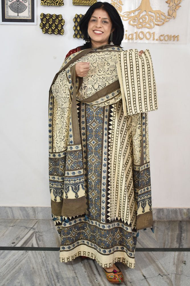 Block Print Ajrakh Cotton Suit with designer Ajrakh neck yoke /panel & Stole