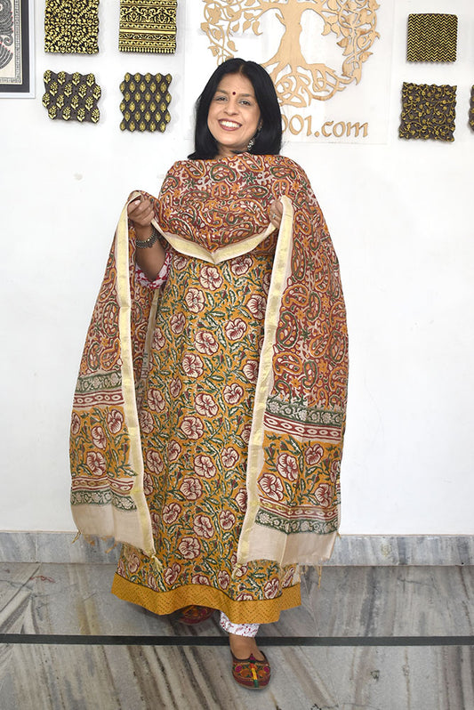 Elegant Hand Block print cotton suit with Schiffli work & Chanderi dupatta