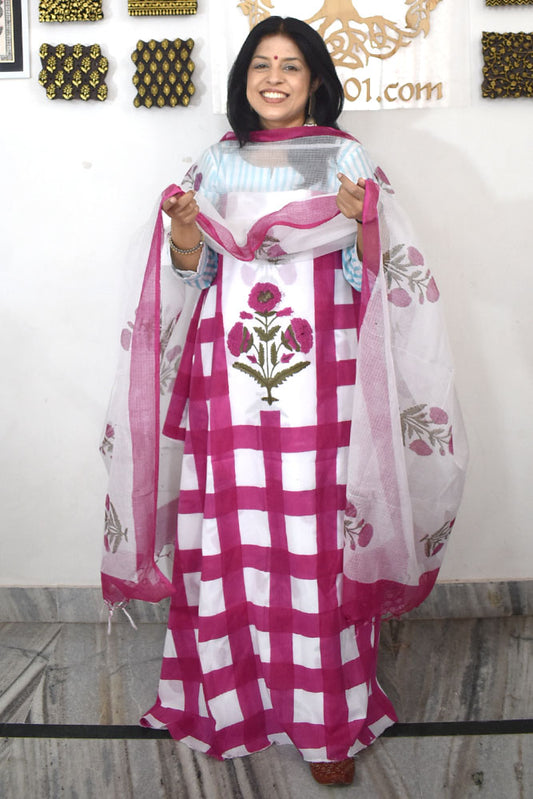 Designer Hand Block Print Cotton suit with Kota dupatta