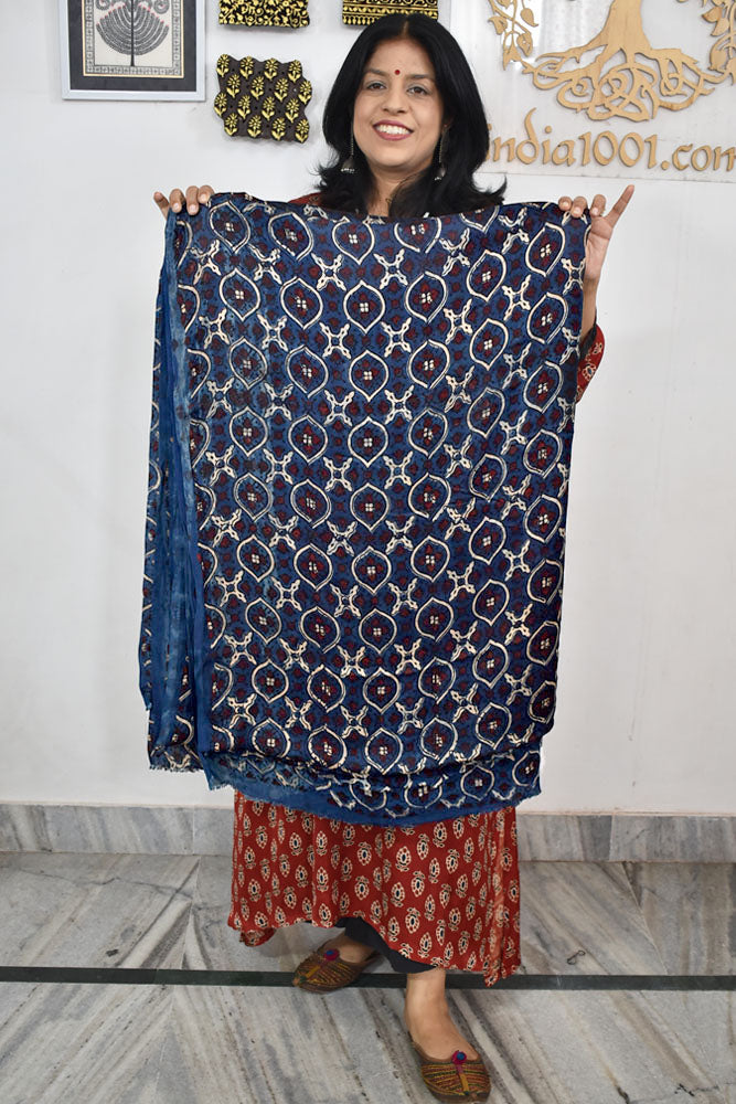 Beautiful Modal Silk Ajrakh Hand Block Print Fabric - 3 mtrs cut