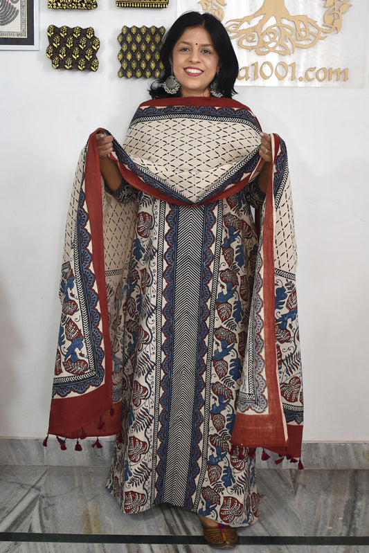 Block Print Ajrakh Cotton Suit with designer Ajrakh neck yoke /panel & Dupatta