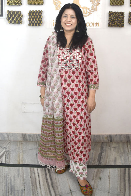 Hand Block Printed Cotton suit with Mirror Work & kota dupatta - Kurta , Dupatta & Pant - size 40