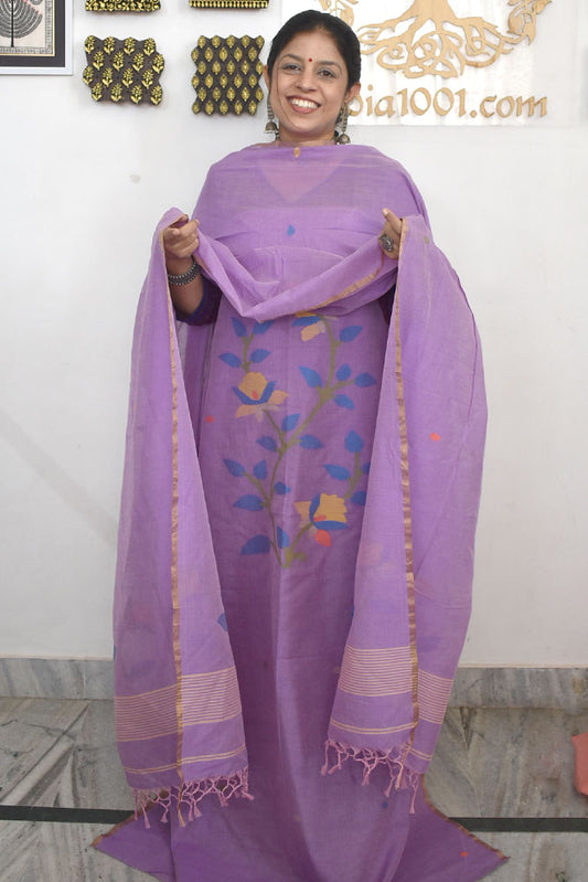 Kalakriti : Beautiful Hand Woven Soft Cotton Needle Jamdani Kurta Fabric & Dupatta set