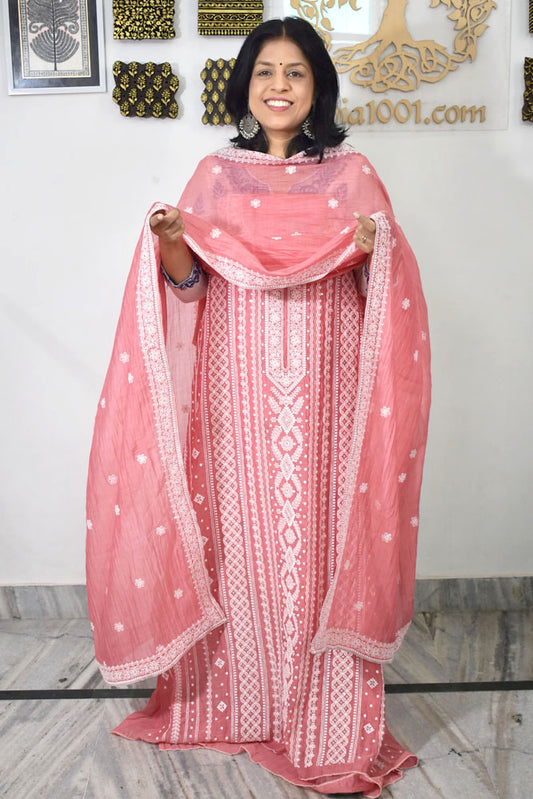 Gorgeous Mul Chanderi Kurta fabric & Dupatta set with embroidery