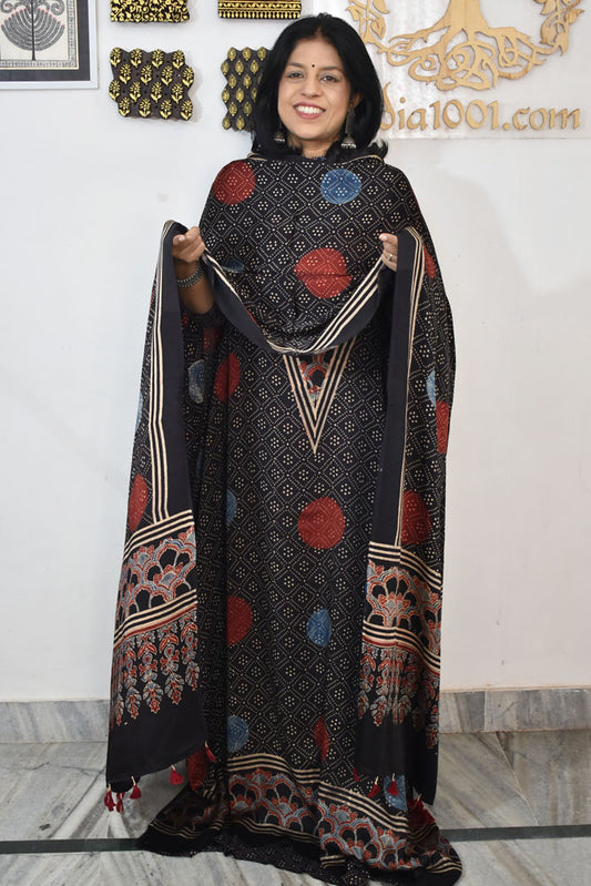 Designer Ajrakh Modal silk Kurta and Dupatta Set with  Neck yoke and panel design
