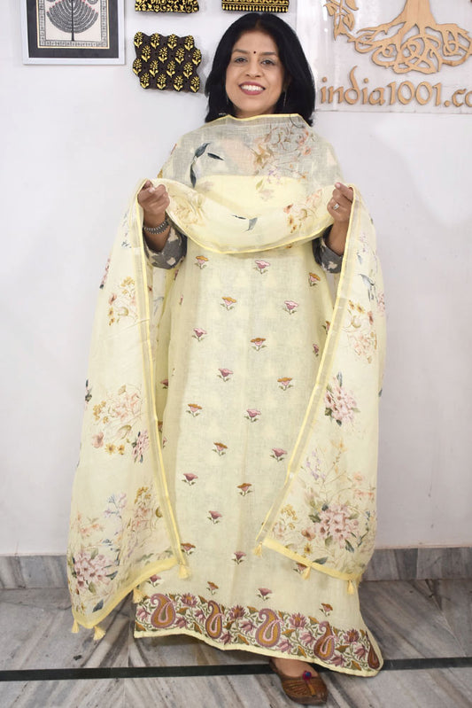 Dhairya : Beautiful Pure Linen suit with Digital print , intricate embroidery and cotton silk bottom