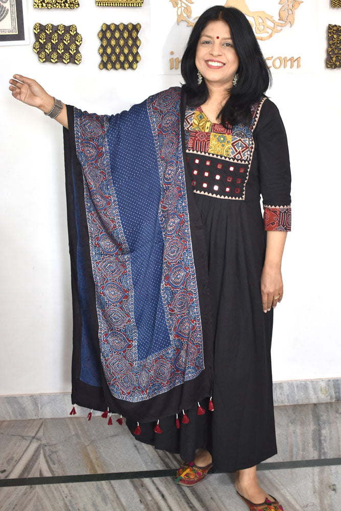 Beautiful Hand Block Printed Ajrakh Modal Silk stole with Tassels