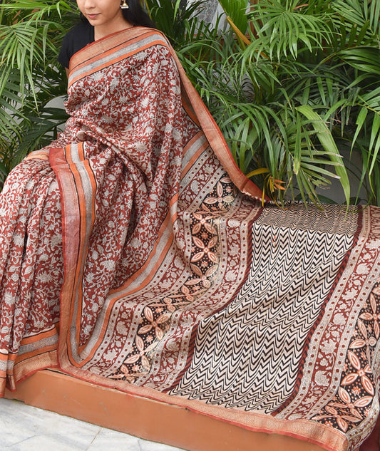 Elegant & Classic Hand Block Printed Bagru Maheshwari Silk Cotton Saree