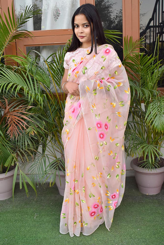 Prakriti : Beautiful Chiffon Saree with Hand Painted Floral Motifs