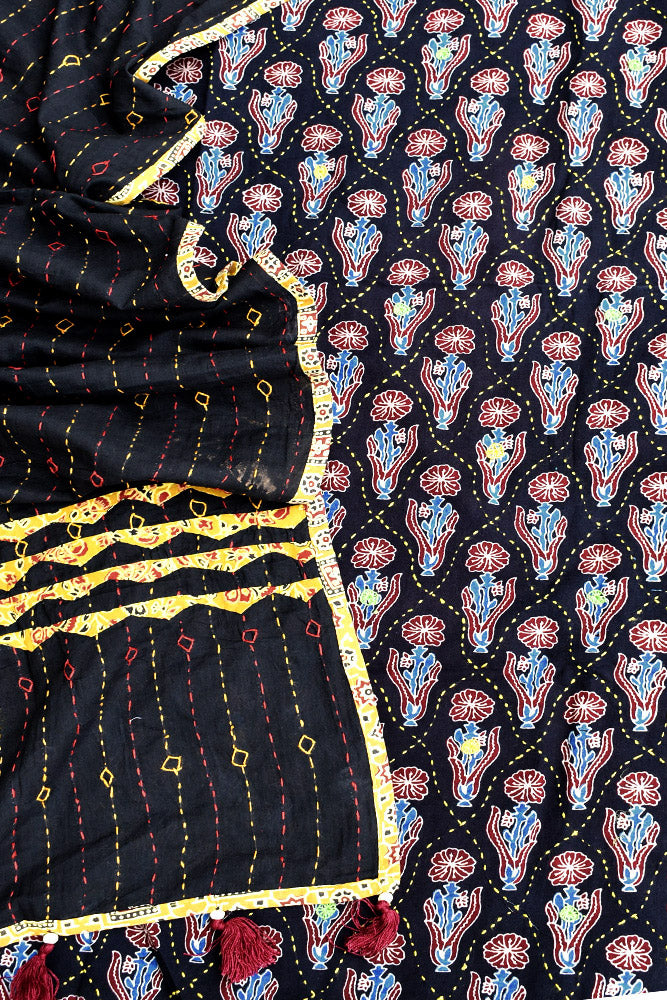 Beautiful Ajrakh kurta fabric with hand embroidery & Patch & Kantha work dupatta