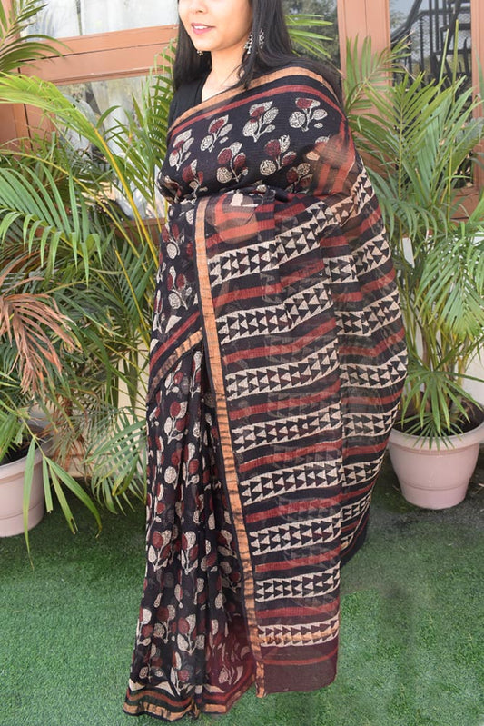 Beautiful Hand Block Printed Kota cotton Saree with zari border