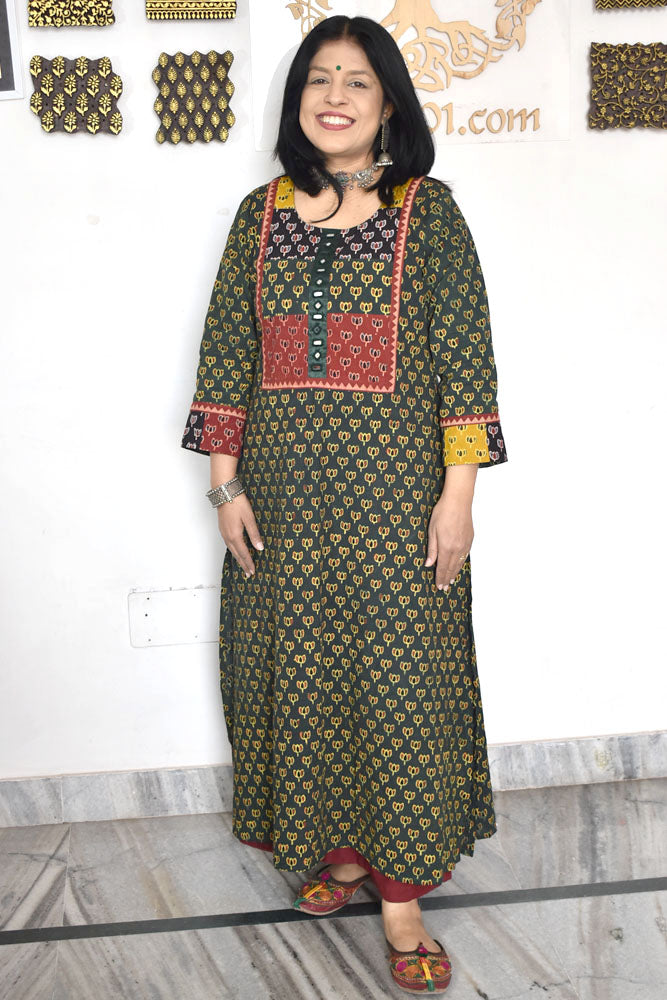 Designer Hand Block Printed Ajrakh cotton Kurta / Dress - Size 38 to 48 ( all sizes)