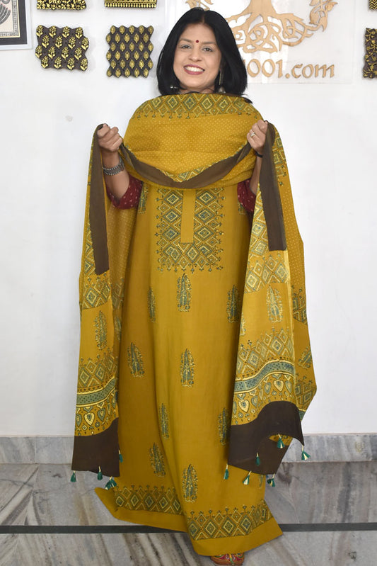 Designer Ajrakh Cotton Unstitched suit with  panel design, Ajrakh Dupatta & Bottom- 3 piece set