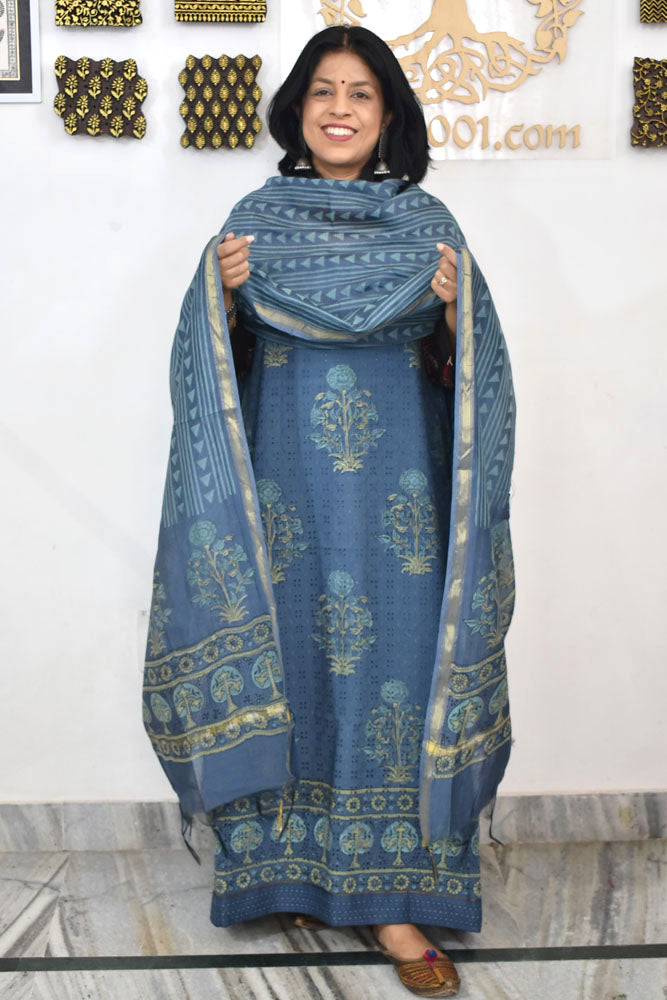 Elegant Hand Block print cotton suit with Schiffli work & Chanderi dupatta