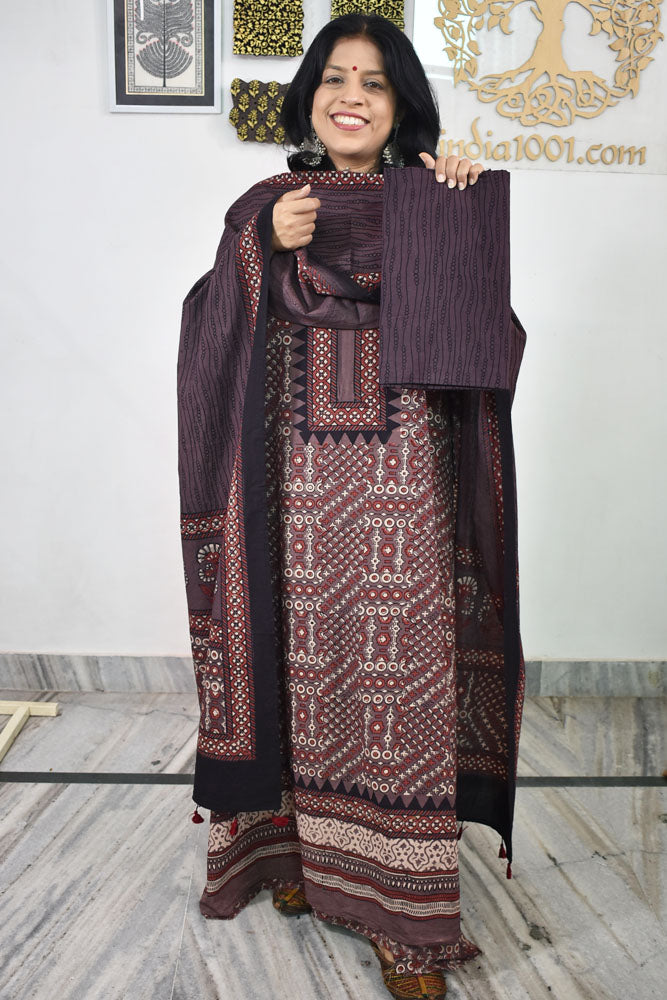 Block Print Ajrakh Cotton Suit with designer Ajrakh neck yoke /panel & Long Stole