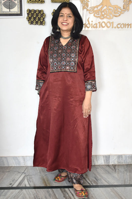 Beautiful Mashru Silk Kurta with Ajrakh patch Kutch & mirror work size with Mashru pant - 38 - 48