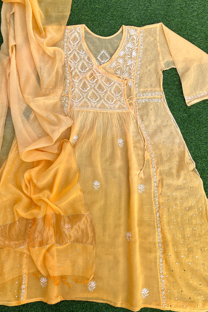 Elegant Mul chanderi silk Semi stitched Angarkha & dupatta set with Chikankari & Muqaish work