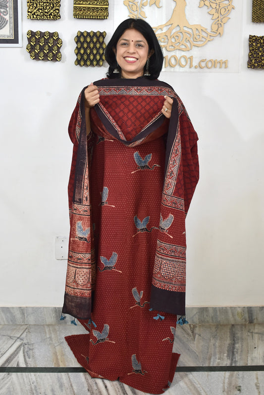Block Print Ajrakh Cotton Suit with designer Ajrakh neck yoke /panel & Long Stole