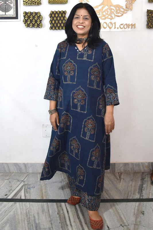 Designer Ajrakh cotton Kurta & Pant With Mirror Work - Size 38 to 46 ( all sizes)