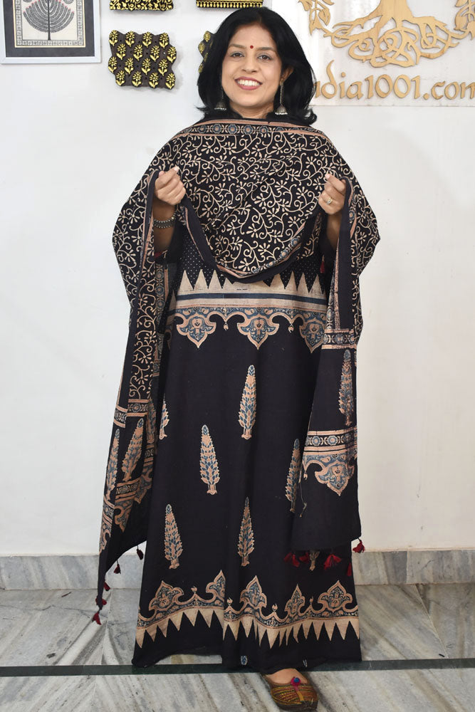 Block Print Ajrakh Cotton Suit with designer Ajrakh neck yoke /panel & Long Stole
