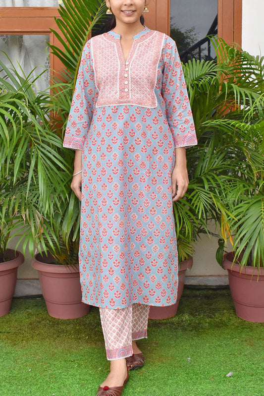 Beautiful Soft Cotton Kurta and pant set with Embroidery & Lace details -Size 38
