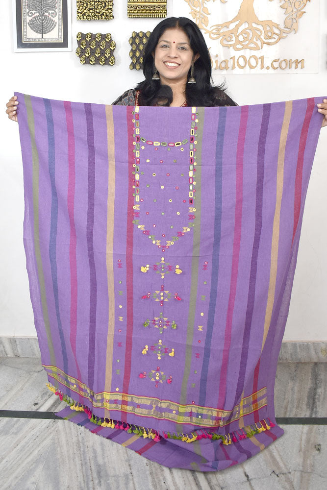 Designer Kala Cotton Bhujodi Kurta Fabric With Mirror Work - 2.8 mtrs